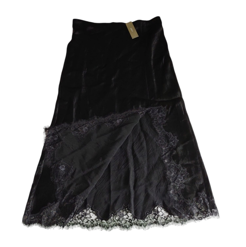 J. Crew Black Gwyneth Textured Satin Slip Skirt with Lace Trim